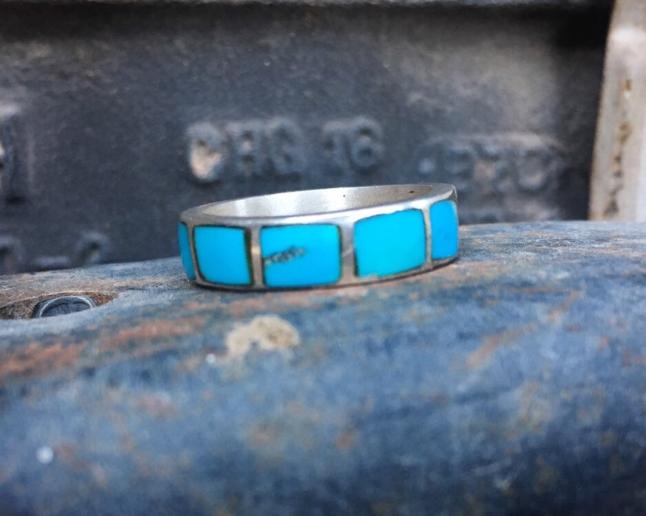 Size 10 Turquoise Channel Inlay Band for Men, Native America Indian ...