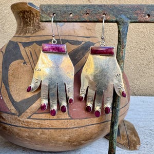 Federico Jimenez Hand Dangle Earrings (Converted), Sterling Silver Purple Spiny Oyster