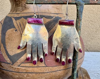 Federico Jimenez Hand Dangle Earrings (Converted), Sterling Silver Purple Spiny Oyster