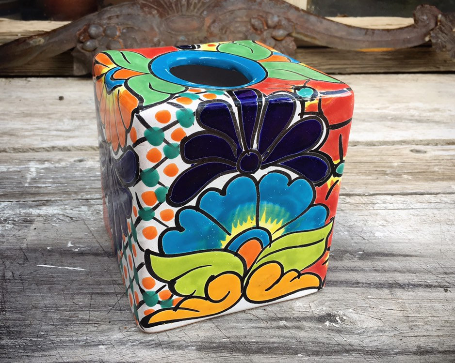 Vintage Talavera Pottery Tissue Box Cover in Blue Yellow Green Red