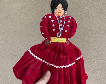 Vintage Handmade Navajo Cloth Doll with Red Velvet Blouse and Skirt, Native American Folk Art