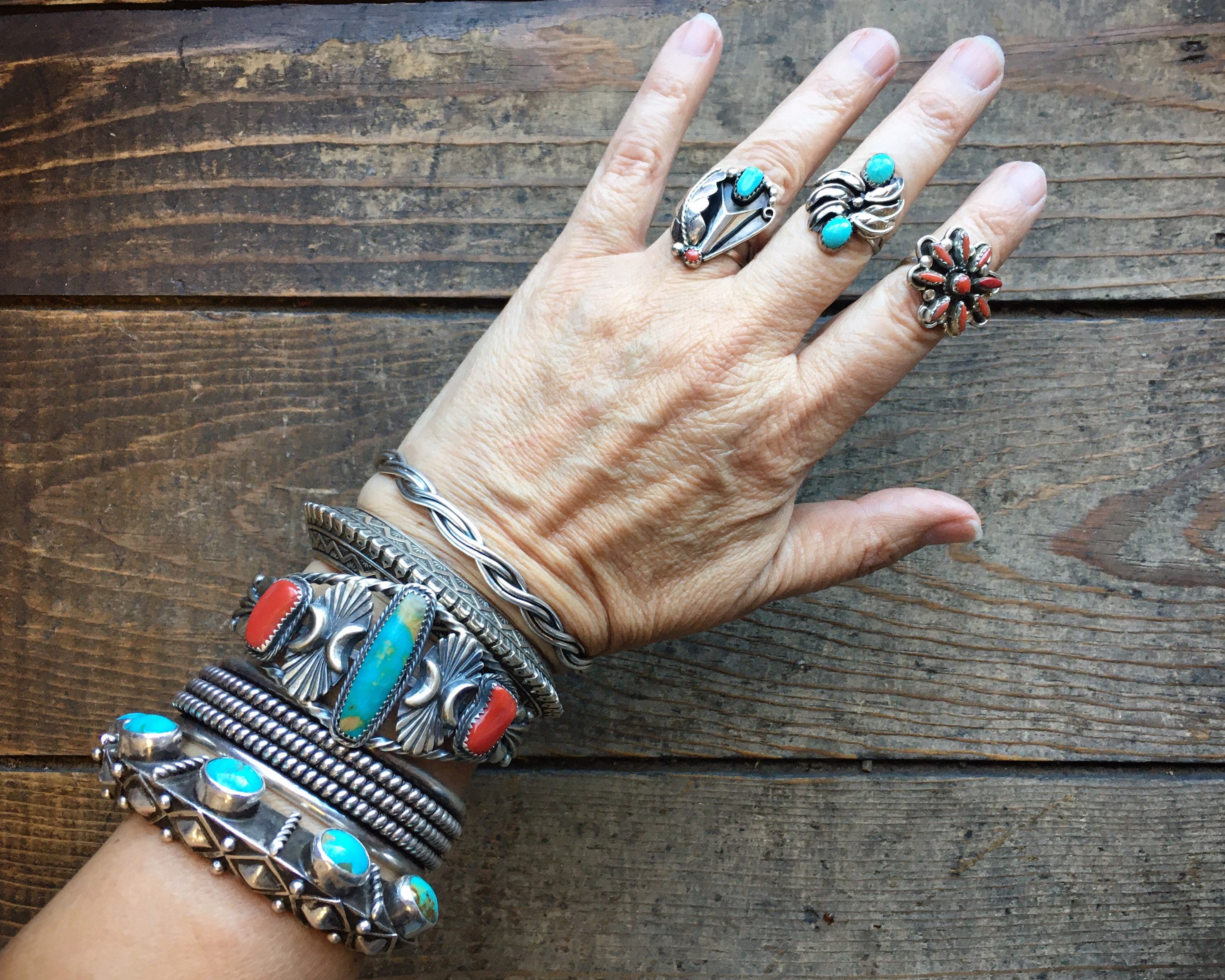 Turquoise and Coral Cuff Bracelet Sterling Silver, Native American Indian Jewelry