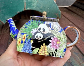 Miniature Kelvin Chen Teapot Pandas 1999 No. 288, Mother & Baby, Enamel Cloisonne