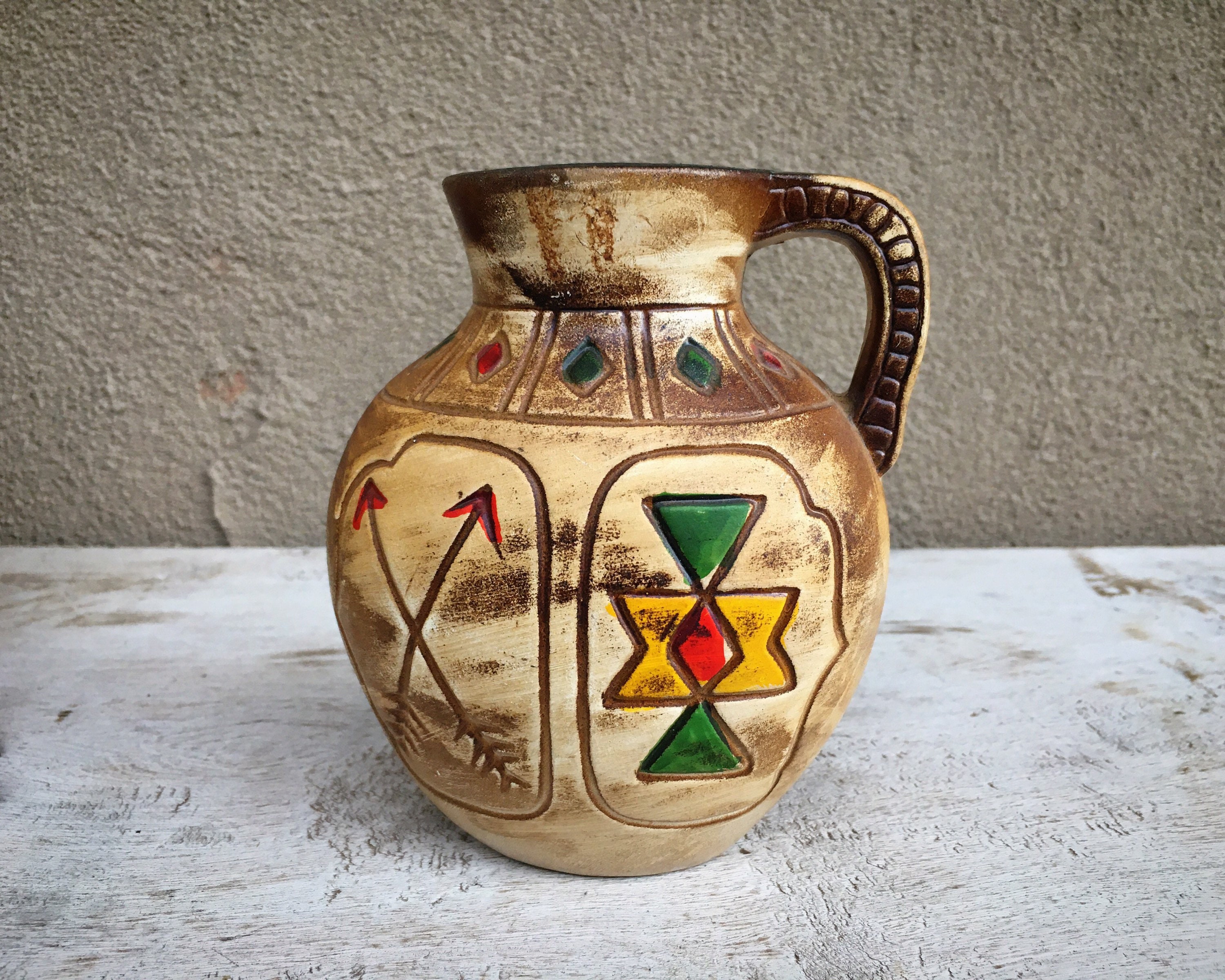 Two Vintage Tourist Pottery Pitcher Vases Colorful Painted Aztec Style ...