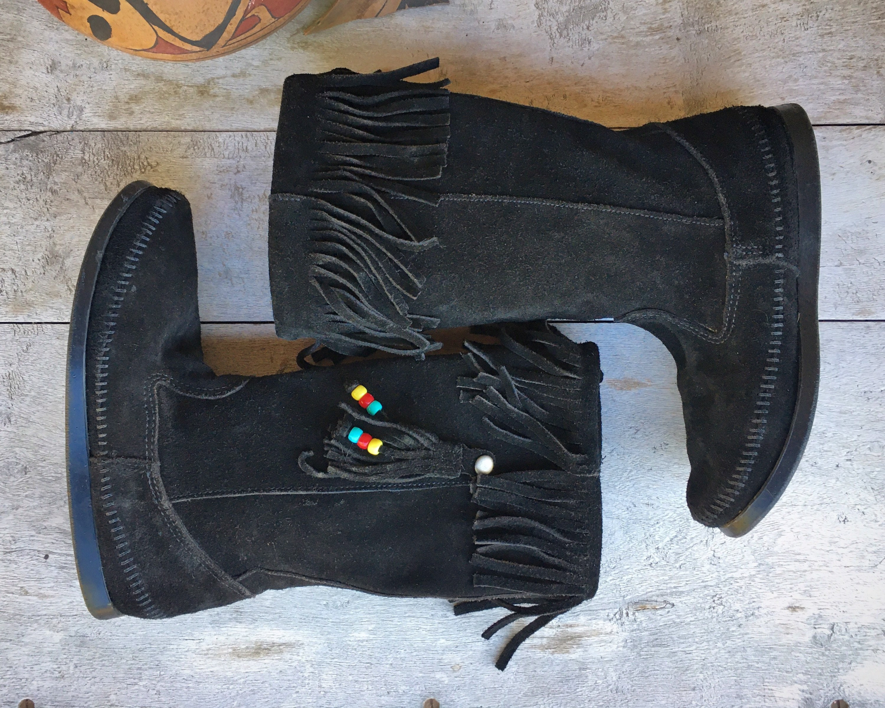 Women s Tall Moccasin Boots Black Suede Leather with Fringe Beads Minnetonka Moccasins