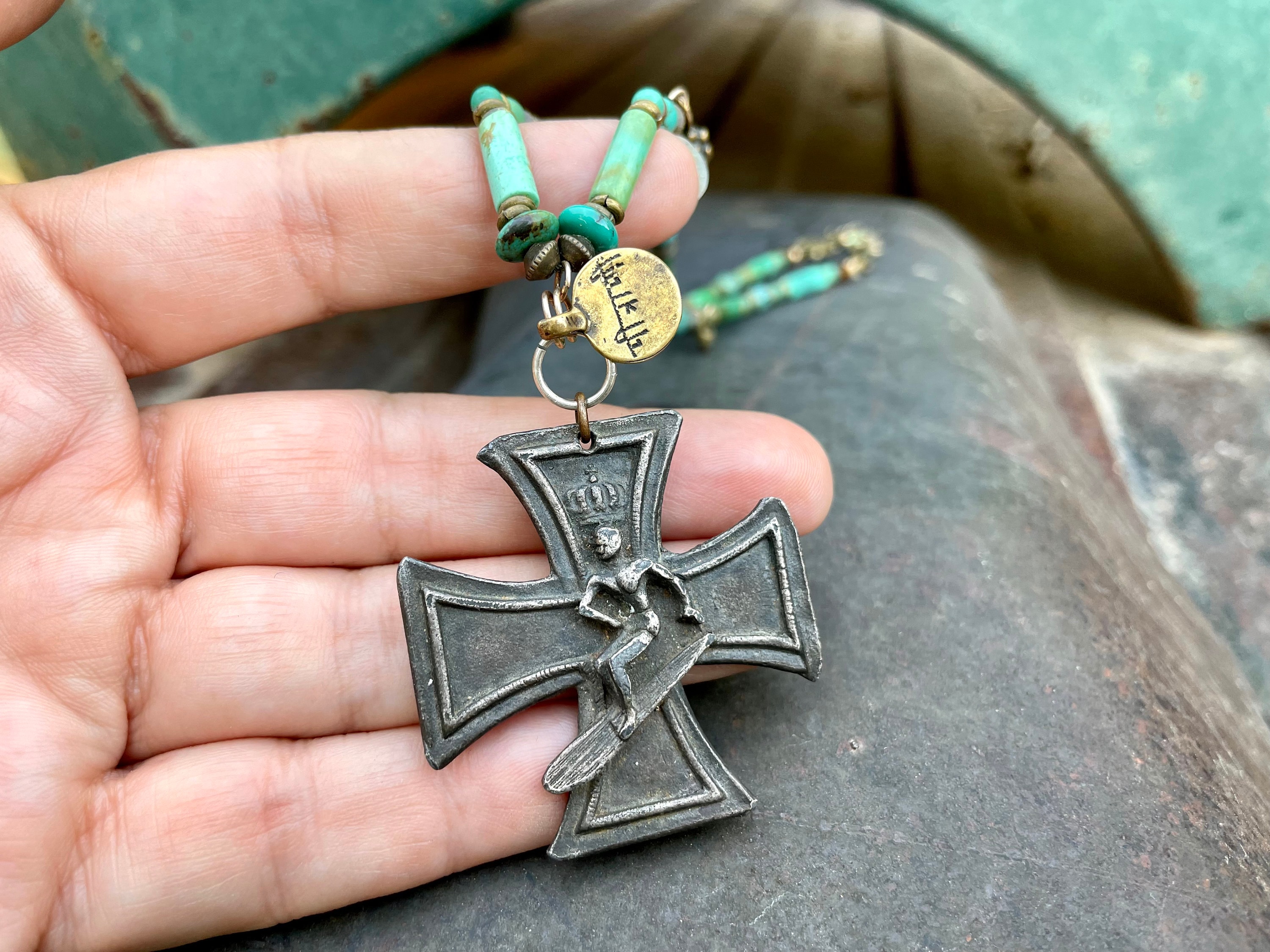 Large Vintage Iron Surfer Cross Medallion on Turquoise