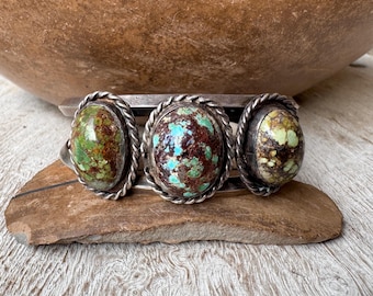 Vintage Matrixed Turquoise Three-Stone Bracelet Size 6", Wire Shank, Domed Gemstones