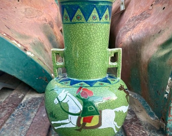 Vintage Green Crackle Glaze Porcelain Vase with Hand-Painted Designs Made in Japan, Elephant Decor