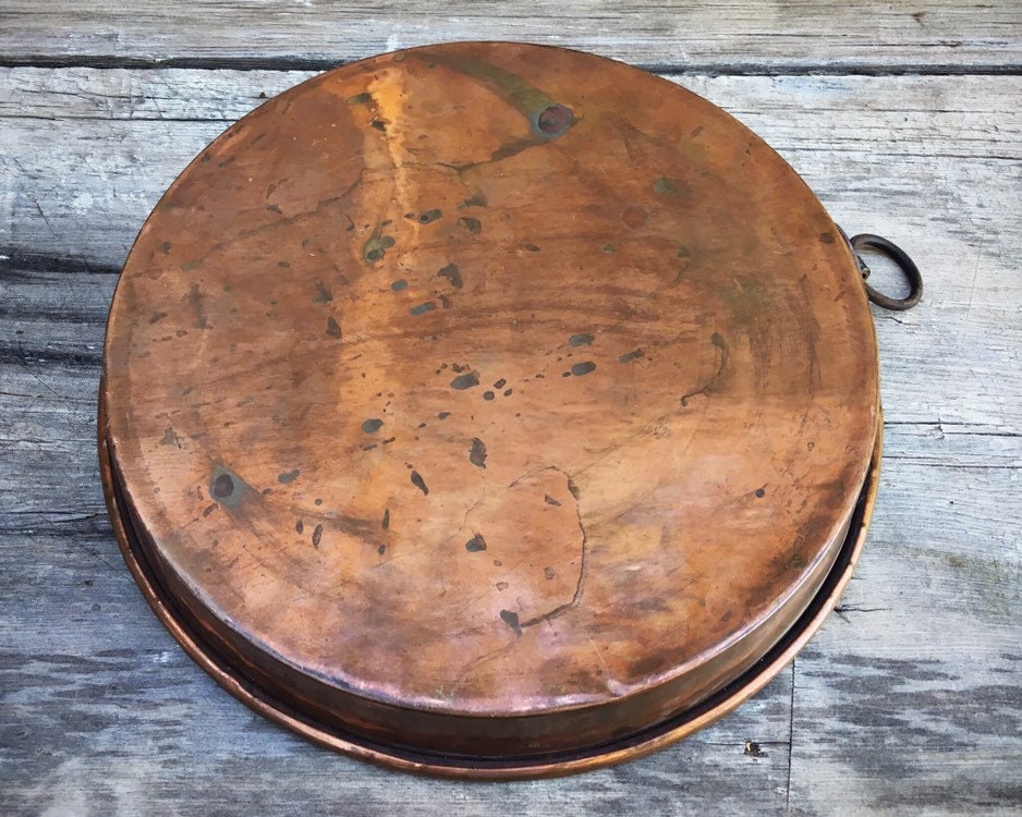 10 Vintage Copper Tin Lined Round Pan with Ring, French Cookware