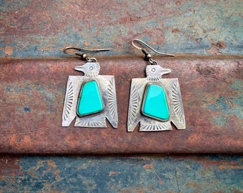 Stamped Silver Turquoise Thunderbird Earrings, Navajo Fred Begay