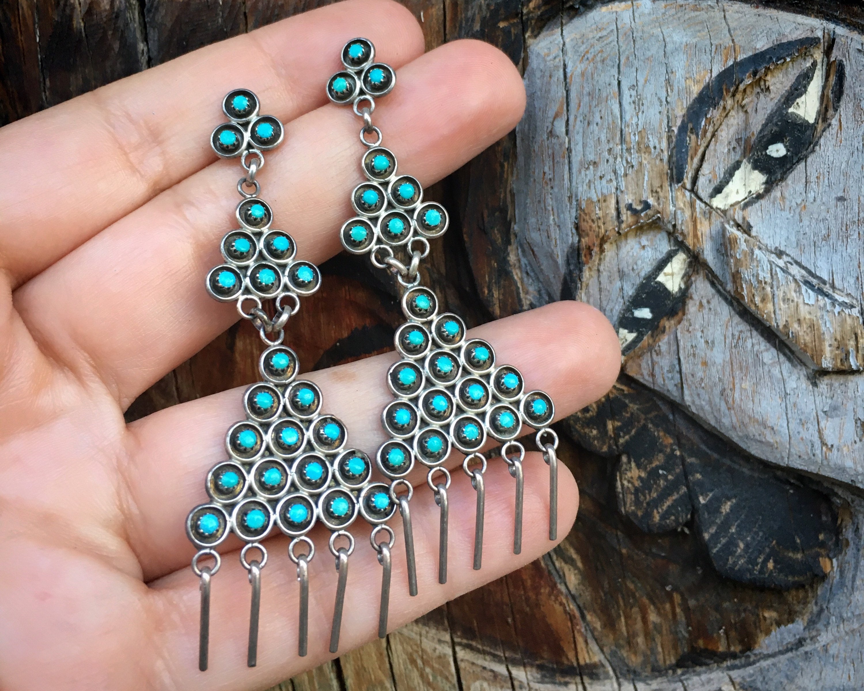 Long Authentic Older Vintage Native American Zuni Turquoise Chandelier Sterling Silver Earrings Long Authentic Older Vintage Native American Zuni Turquoise Chandelier Sterling Silver Earrings
