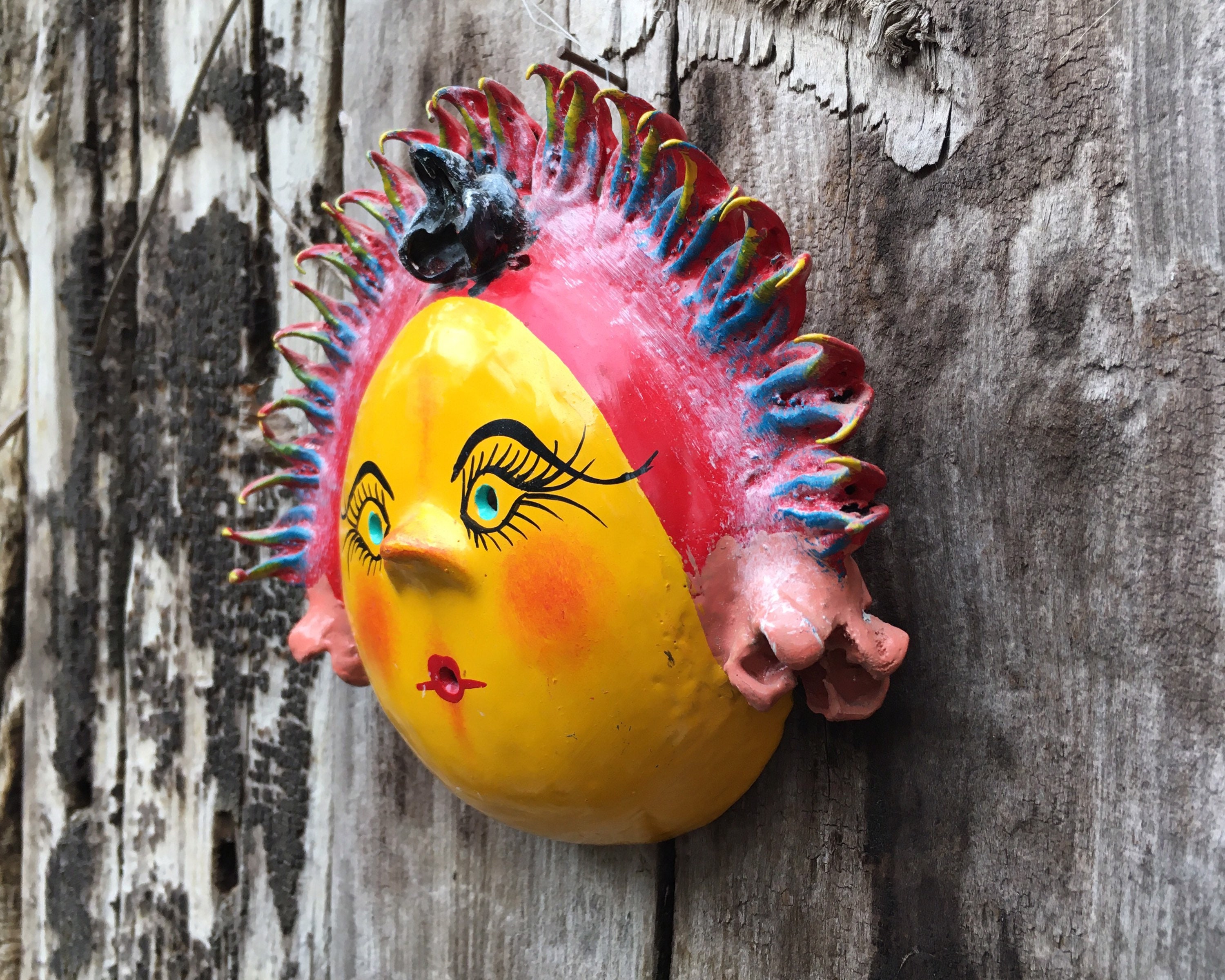 Vintage Mexican Folk Art Mask Coconut Shell Wall Hanging, Mexican Folk