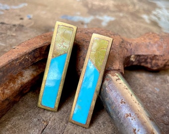 1970s Turquoise & Serpentine Inlay on Brass Long Rectangle Post Earrings, Southwestern Native American Style Jewelry Her, Geometric Design