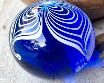 1982 Art Glass Paperweight Signed Terry Crider, Blue Pulled Flower Design, Sun Catcher Vintage