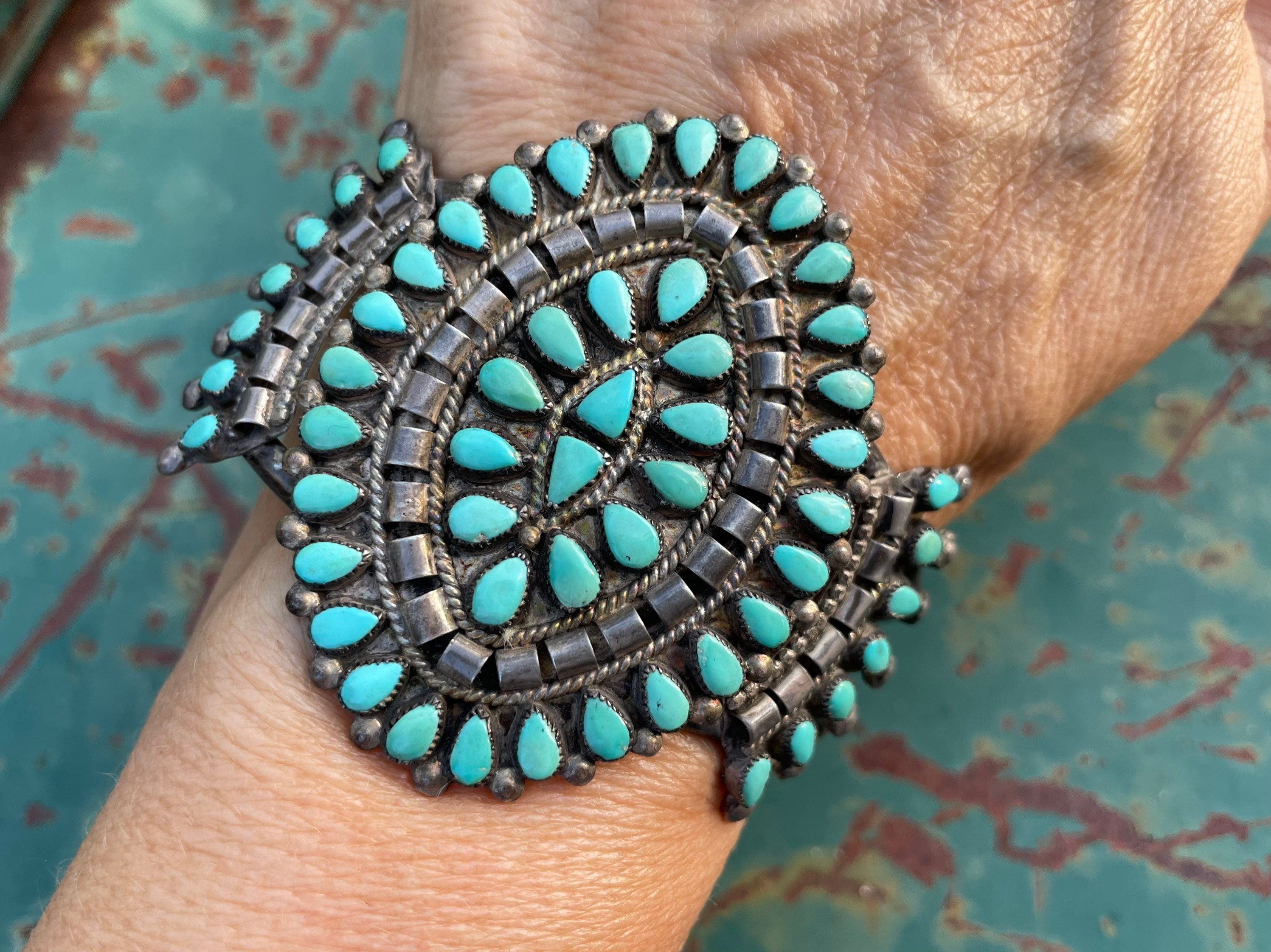 Important Vintage Native American Zuni Blue Gem Turquoise Petit Point Sterling Silver Bracelet Important Vintage Native American Zuni Blue Gem Turquoise Petit Point Sterling Silver Bracelet