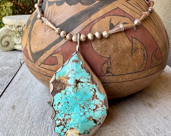 Vintage Large Double-Sided Turquoise Pendant Approx 4" on Silver Bead Necklace 24" 100g Total