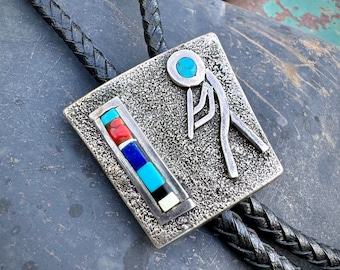 Vintage John Shopteese Tufa Cast Silver Bolo Tie Kokopelli Flute Player Turquoise Coral Lapis