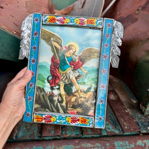 Vintage Mexican Reverse Painted Glass Frame (Cracked) with Print Lithograph Archangel Michael
