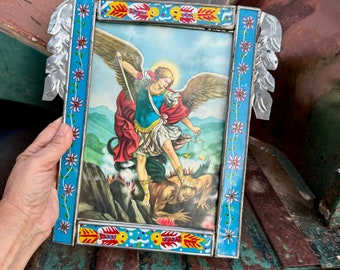 Vintage Mexican Reverse Painted Glass Frame (Cracked) with Print Lithograph Archangel Michael Slaying Dragon, Religious Votive Retablo Art