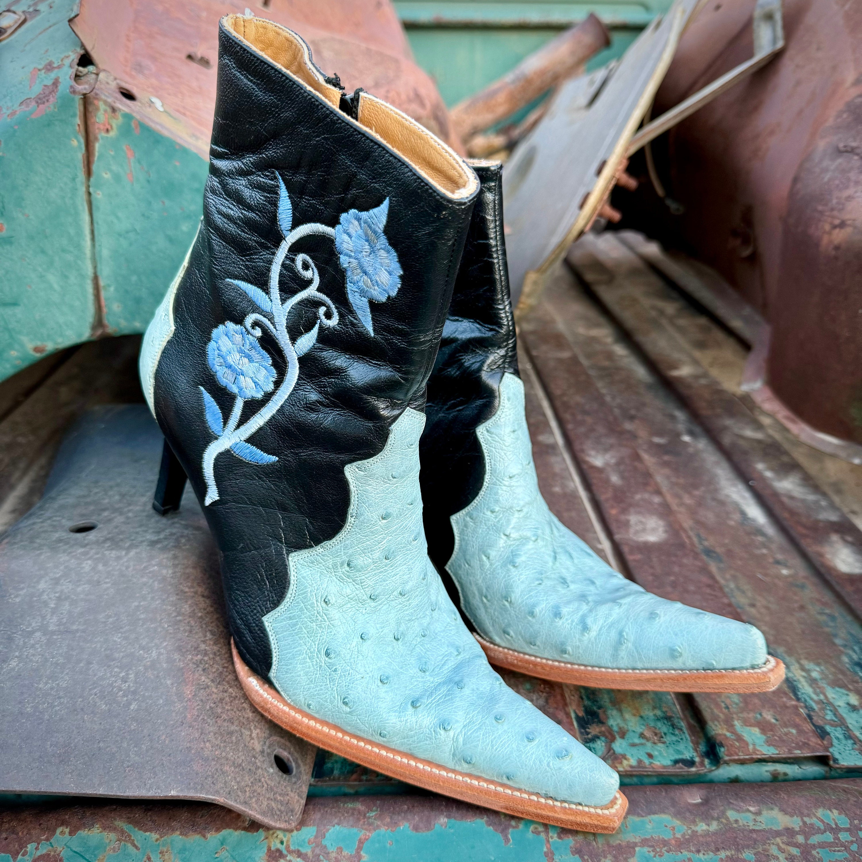 Vintage Stiletto Heel Mexican Pointy Boots TwoTone Blue Ostrich