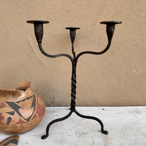 Wrought Iron Tabletop Candelabra Three Candle Holders, 15&quot; Tall, Southwestern Decor Rustic