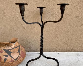Wrought Iron Tabletop Candelabra Three Candle Holders, 15" Tall, Southwestern Decor Rustic