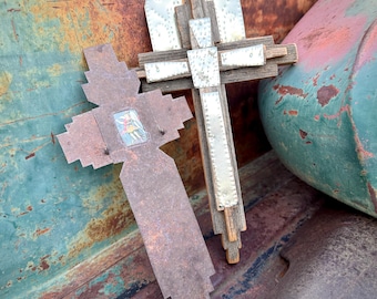 Two New Mexico Folk Art Wall Crosses, Medium Size, Vintage Rusty Tin Chimayo Church Roof