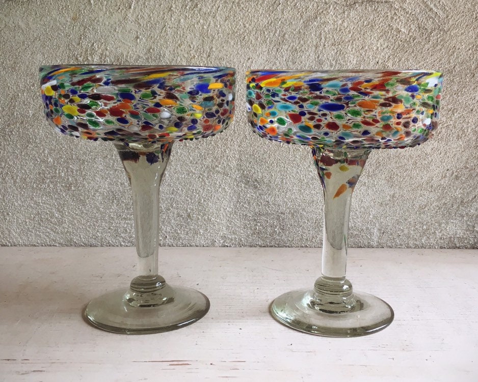 Two Large Mexican Blown Glass Margarita Goblets Speckled Glass, Hand Blown Glass, Southwestern