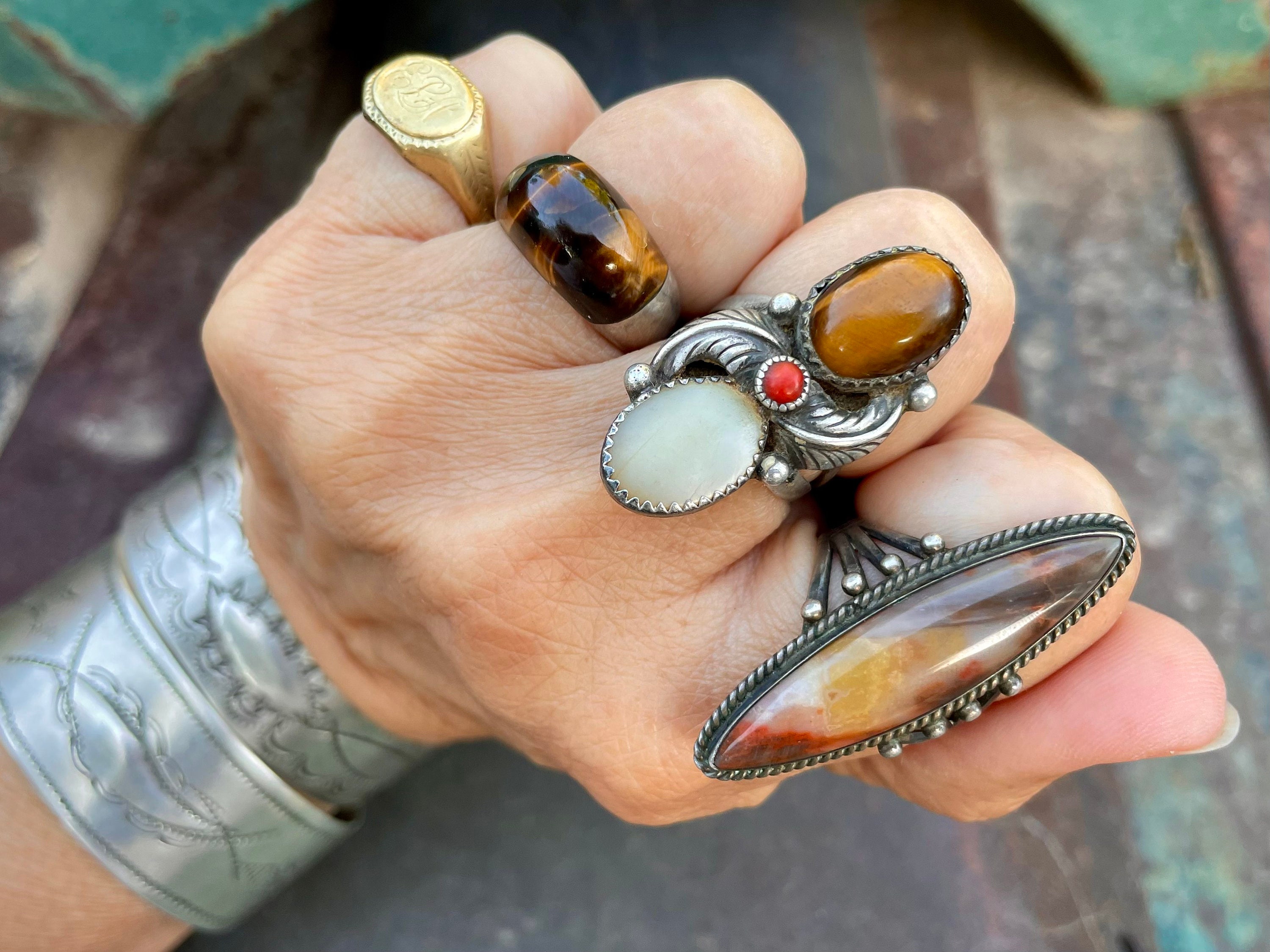 Fred Harvey Era Agate Petrified Wood Ring Size 8.5, Vintage