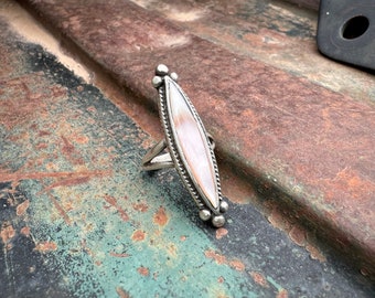 Vintage Pink Mother of Pearl Long Ring Size 5.25, Native America Indian Jewelry Gift for Daughter Niece Young Woman, Channel Inlay, Old Pawn