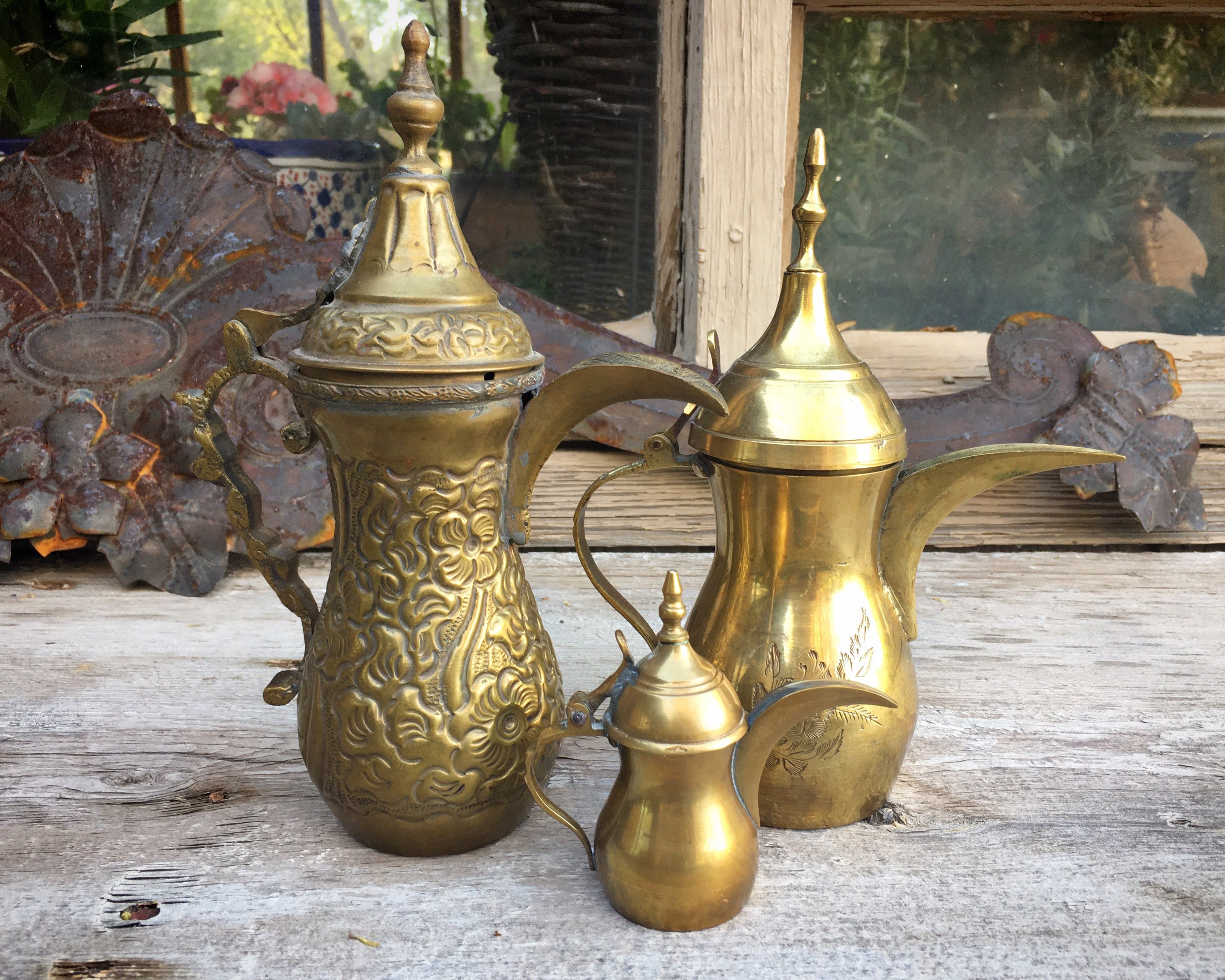 Set Of Three Vintage Brass Dallah Arabic Coffee Pots Islamic Middle