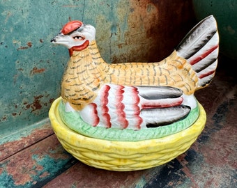 Vintage Staffordshire Sitting Hen on Nest Earthenware Covered Dish Approx 4" Tall, Chicken Gift