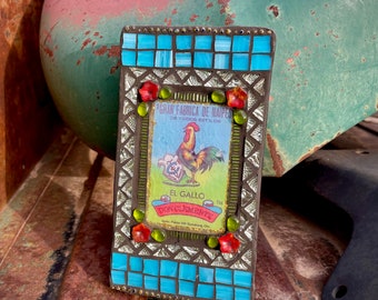 Handmade Mosaic Wall Hanging with Mexican Loteria Card, El Gallo Rooster Gift for Chicken Lover