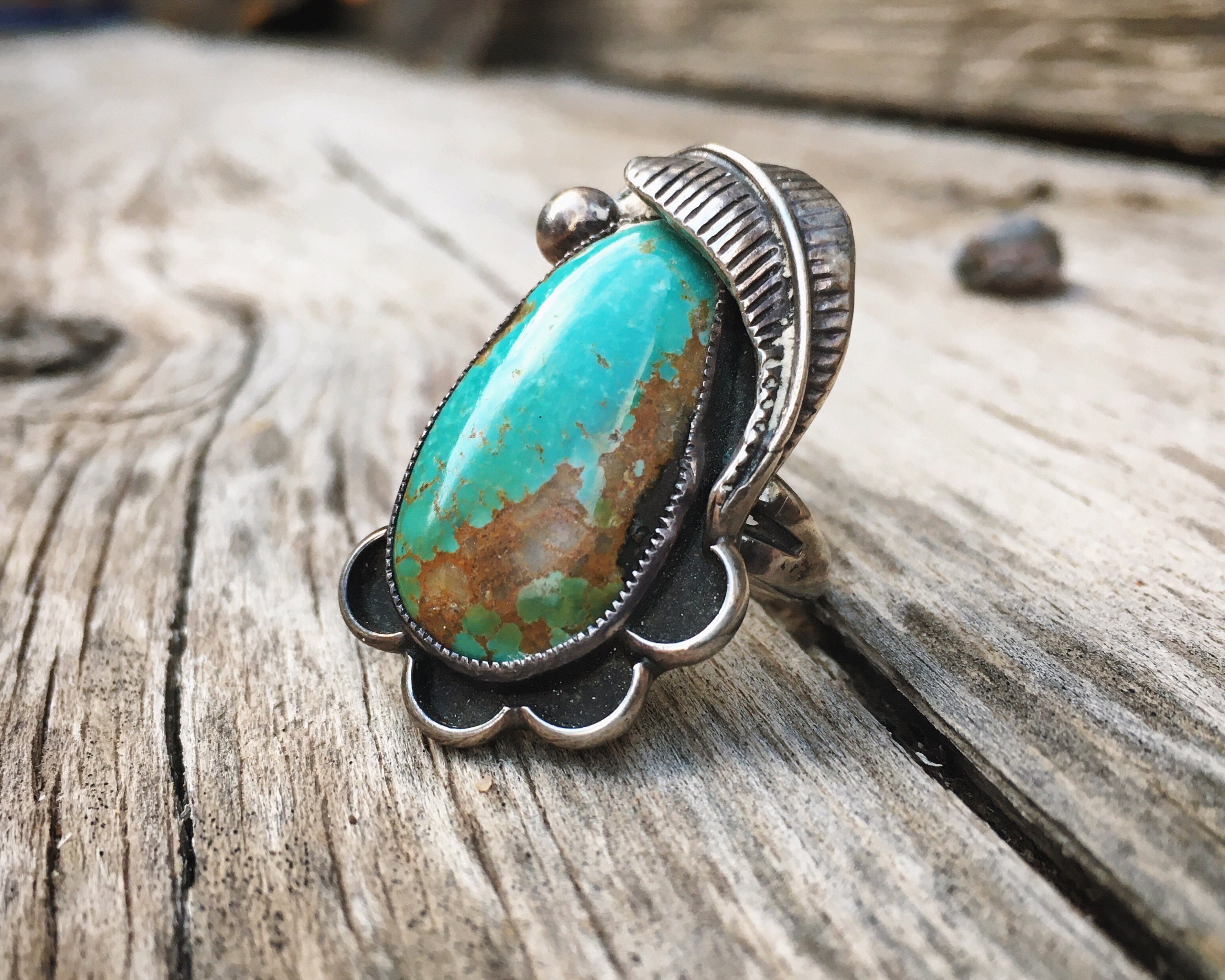 Stunning Vintage Native American Navajo Green Turquoise Sterling Silver Leaf Ring Old Stunning Vintage Native American Navajo Green Turquoise Sterling Silver Leaf Ring Old
