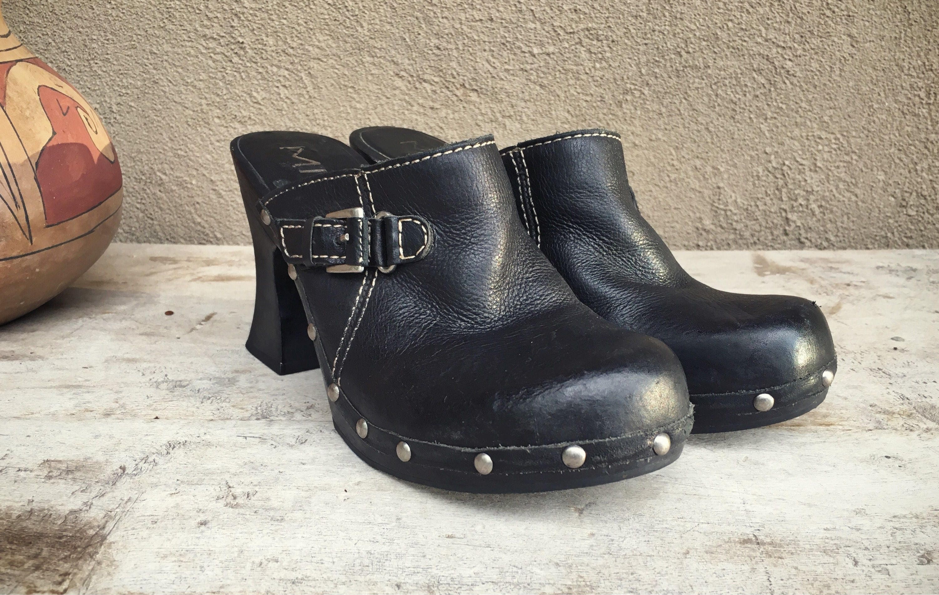 Vintage Women's MIA platform black clogs leather buckle and studs ...
