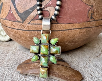 Dan Dodson Green Turquoise Sterling Silver Cross Pendant, Optional Navajo Pearls 20.5"