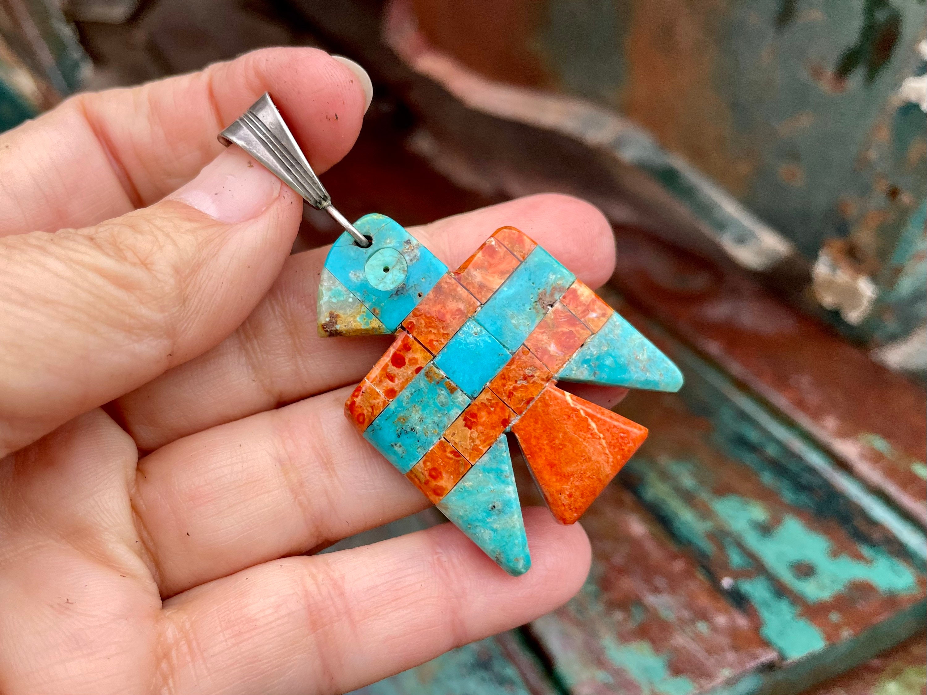 Turquoise and Spiny Oyster Thunderbird Pendant by Santo Domingo