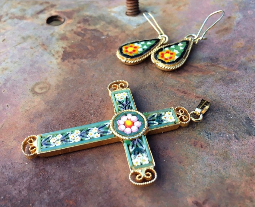 Vintage Italian Micro Mosaic Cross Pendant and Earrings for Women