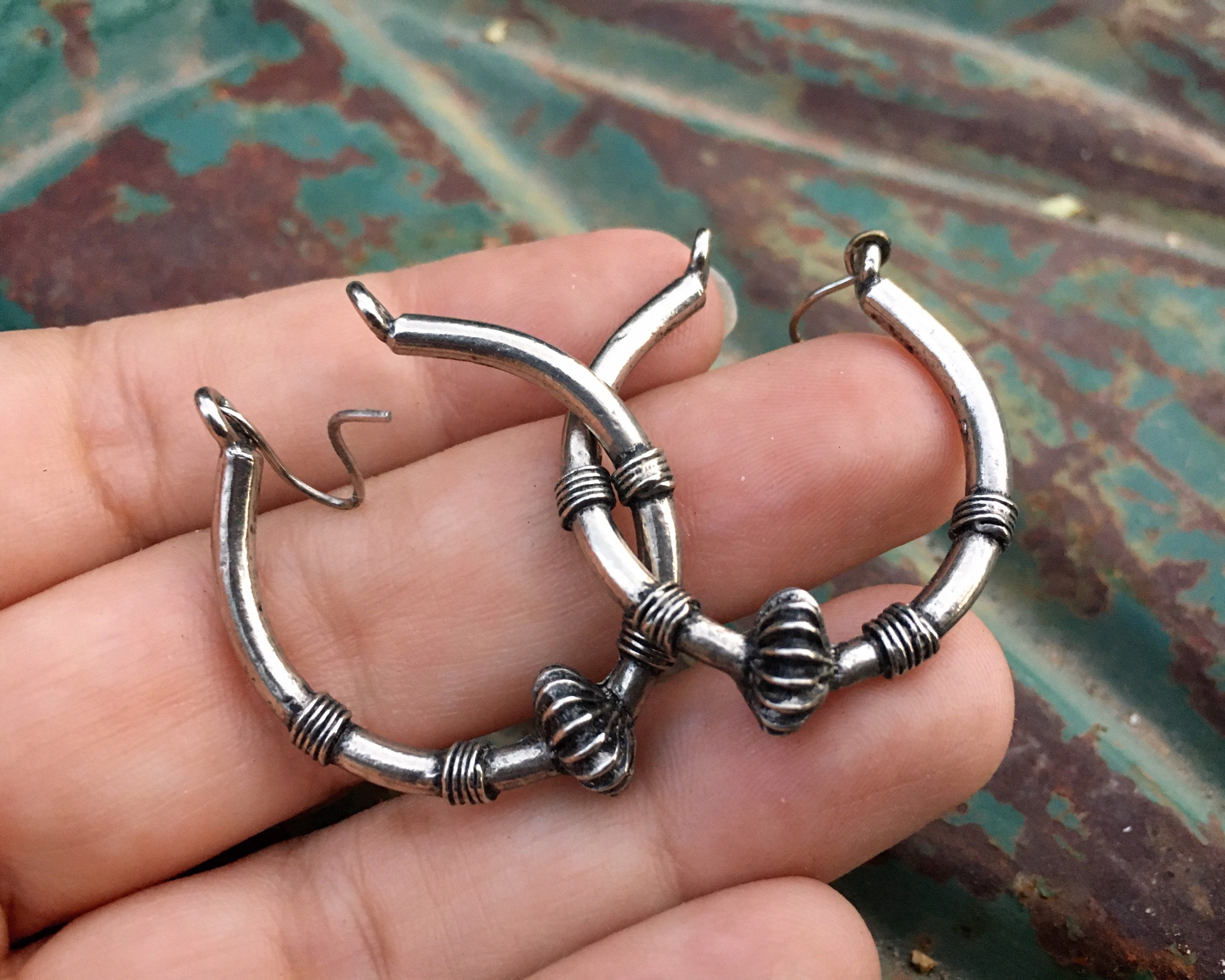 Vintage Tribal Sterling Silver Hoop Earrings, Ethnic Boho Jewelry