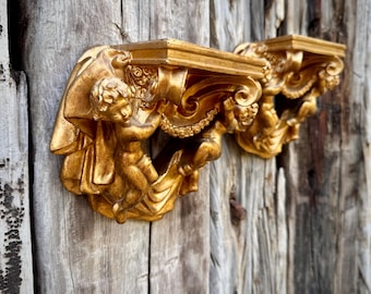 Pair of Resin Angel Corbel Shelf Wall Hangings Gold Paint, Display Small Items, Cottage Decor