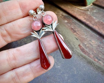 Vintage Dangle Earrings in Pinks Reds, Possibly Chalcedony & Carnelian