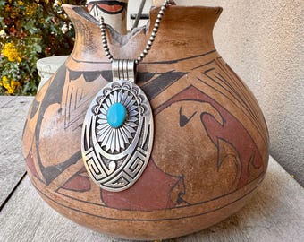 Navajo Richard & Eula Wiley Sterling Silver Overlay Pendant Necklace, Oval Shape