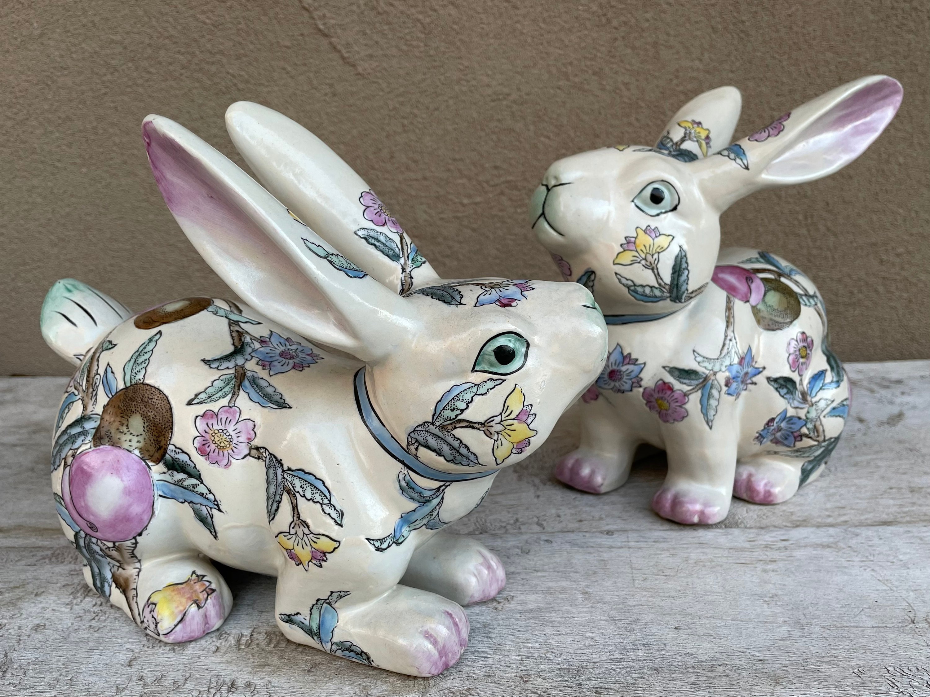 Pair of Life Size 1950s 60s Chinese Enamel Porcelain Rabbit Statues Pink  Blue, Easter Decor