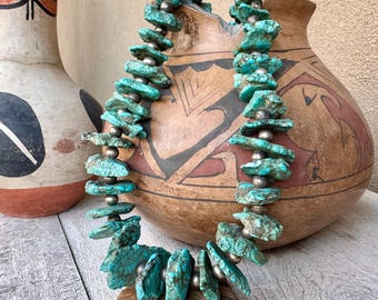 Heavy Seafoam Turquoise Nugget Necklace 28.5", Curved Silver Cones No Clasp