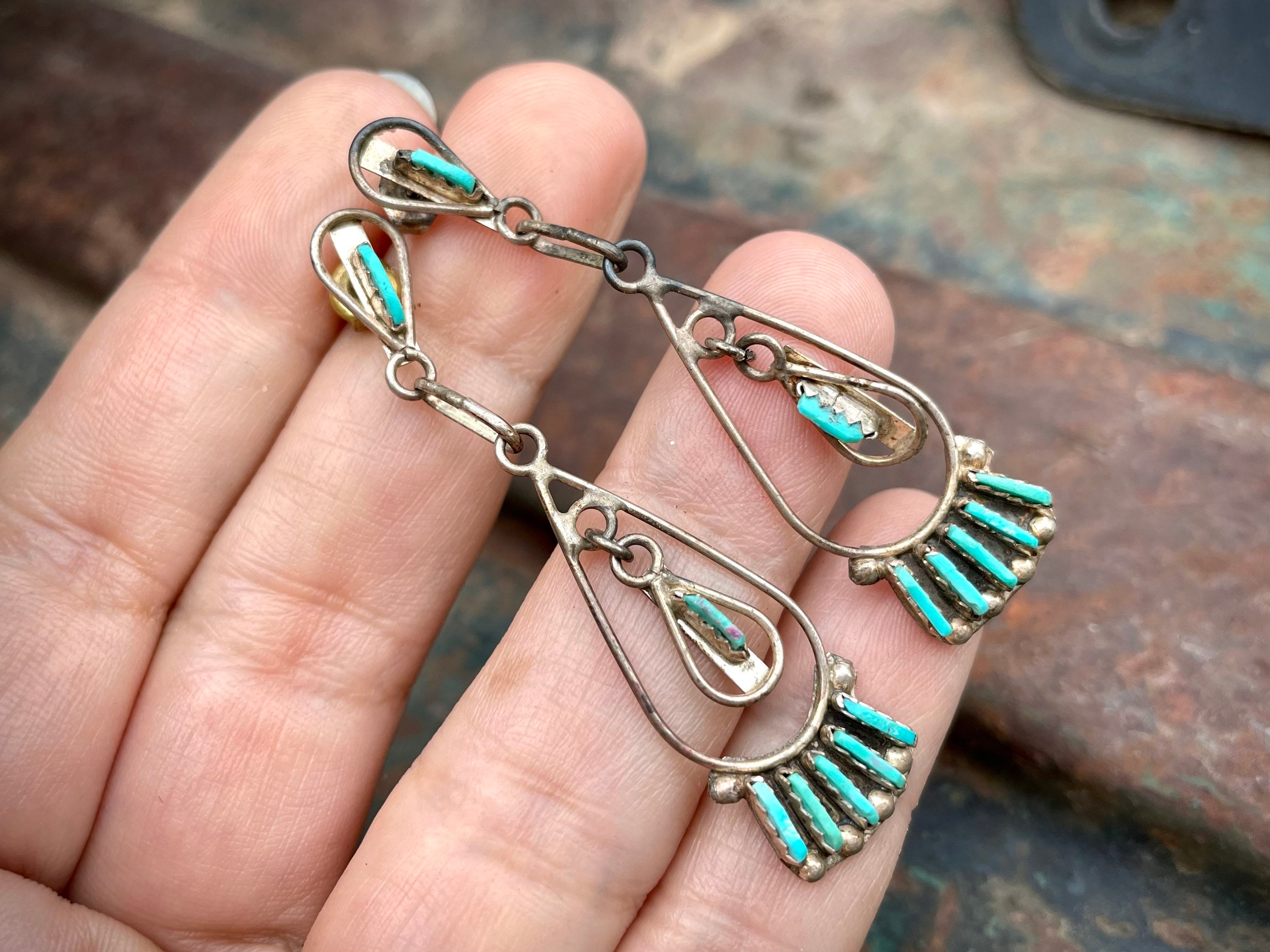 Exquisite Zuni Turquoise Needlepoint Sterling Silver Earrings Native American Exquisite Zuni Turquoise Needlepoint Sterling Silver Earrings Native American