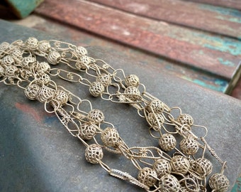 Vintage Silver Tone Mexican Wedding Necklace Approx 64", Lasso Ball Link Chain, Bohemian Jewelry