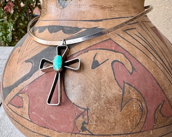 Vintage Silver Wire Turquoise Cross Pendant on Torque Collar Necklace, Southwestern Jewelry