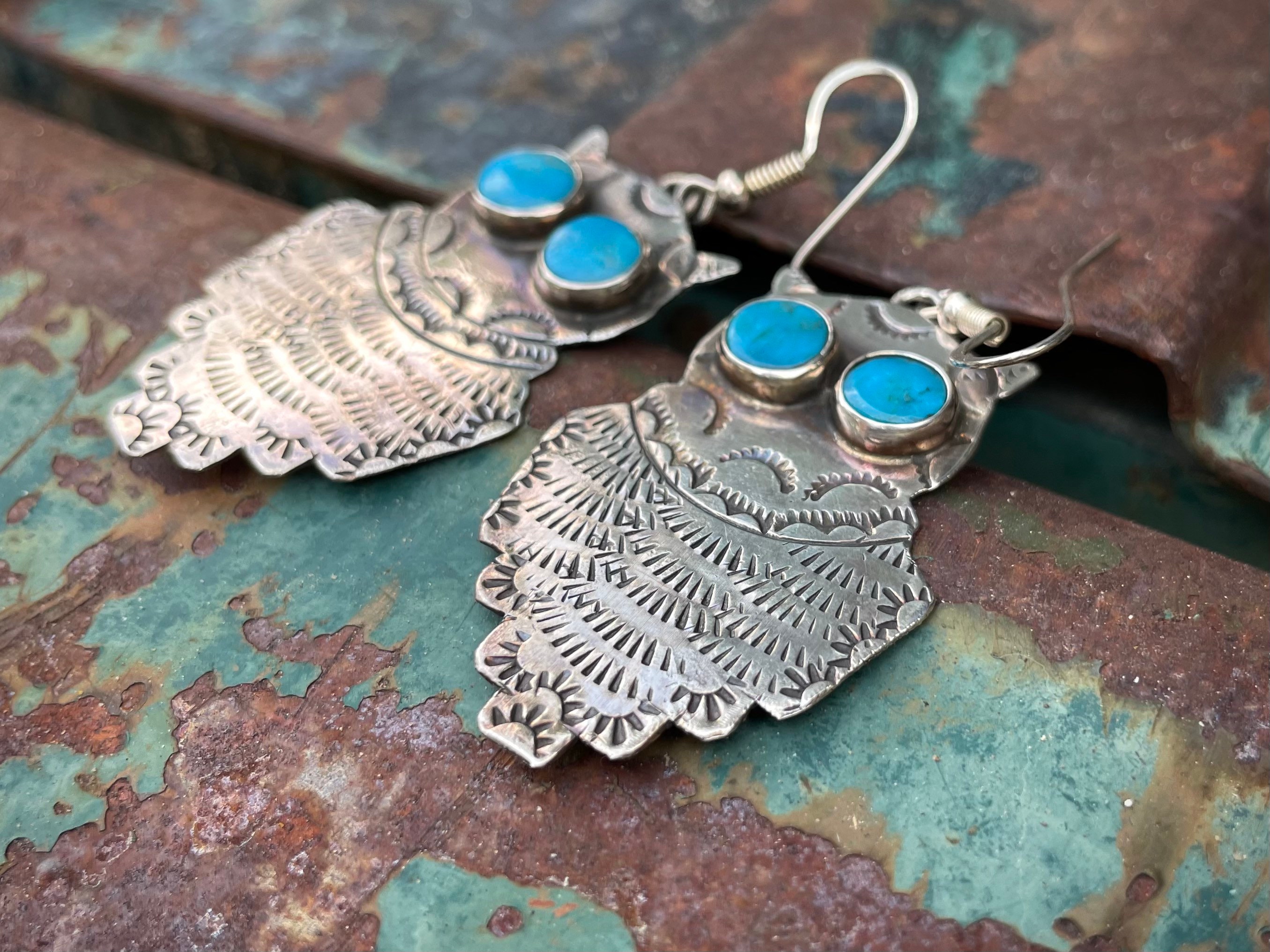 Sterling Silver Earrings Owl Design and Turquoise Dot Eyes, Native ...