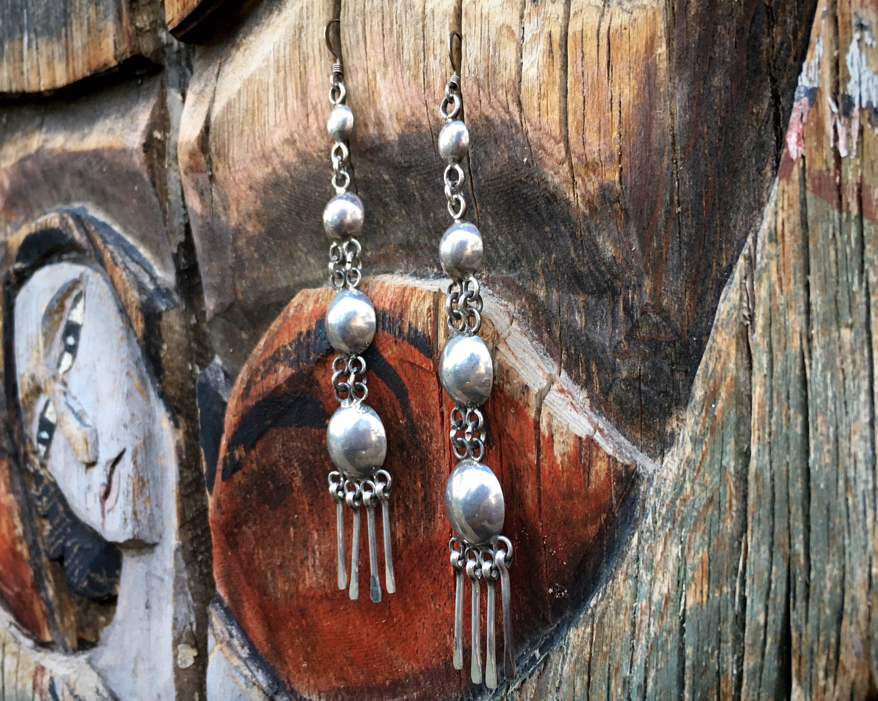 4 Long Dangle Earrings with Sterling Silver Discs, Southwestern Native