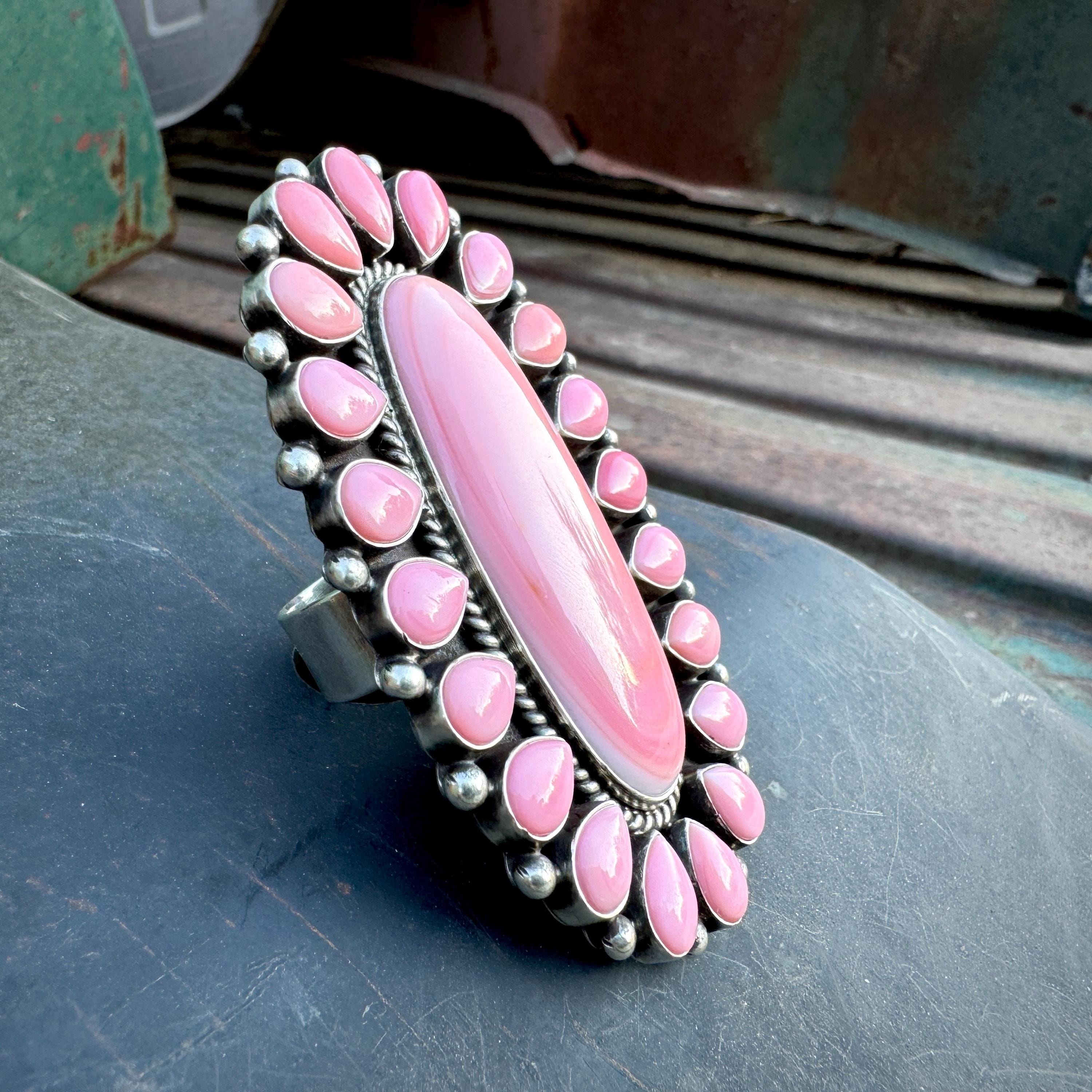 Unique Native American Navajo Signed Pink Shell Enormous Ring Unique Native American Navajo Signed Pink Shell Enormous Ring